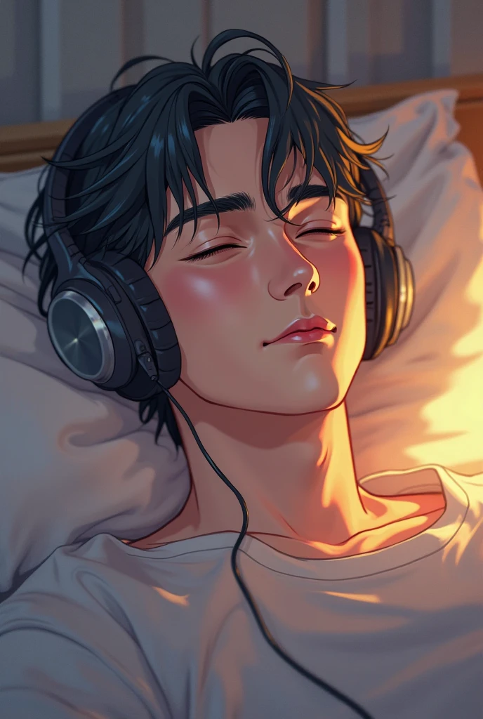 Drawing, ultra realistic, 8k, extremely detailed, high quality, man lying on a couch, serene face, with headphones, eyes closed, doctor's office room, natural daylight, ultra realistic image, realistic texture
