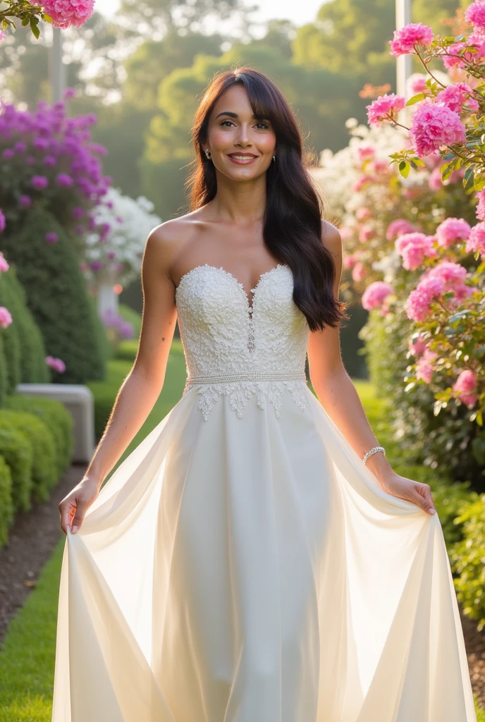 Odalys Steeve, 23 years old, fair skin, long waving hair dark brown, beautiful detailed eyes dark green iris, beautiful detailed lips, firm bust, extremely detailed eyes and face, long eyelashes, wearing simple white long dress, standing, full-body shot, high res, real photo