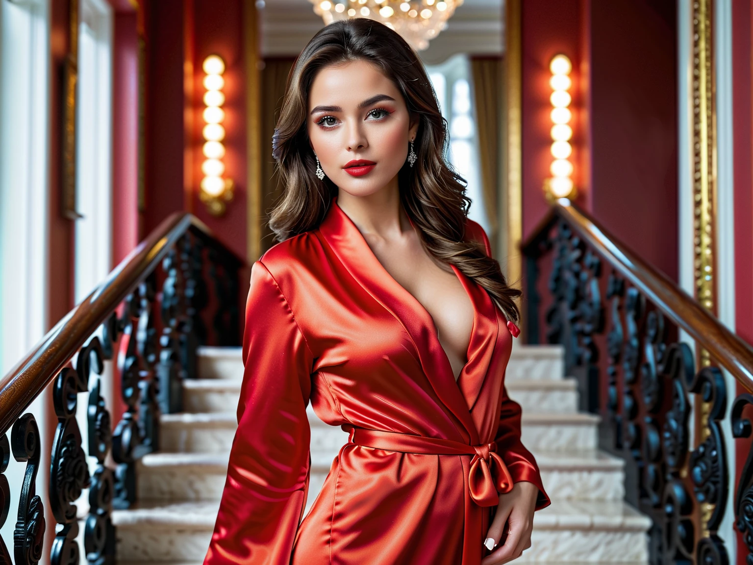 Generate me the most beautiful Italian in the world with a magnificent sexy red outfit as well as a red skirt accessories high quality jewelry from the Gucci brand magnificent ultra realistic face textured with human skin
