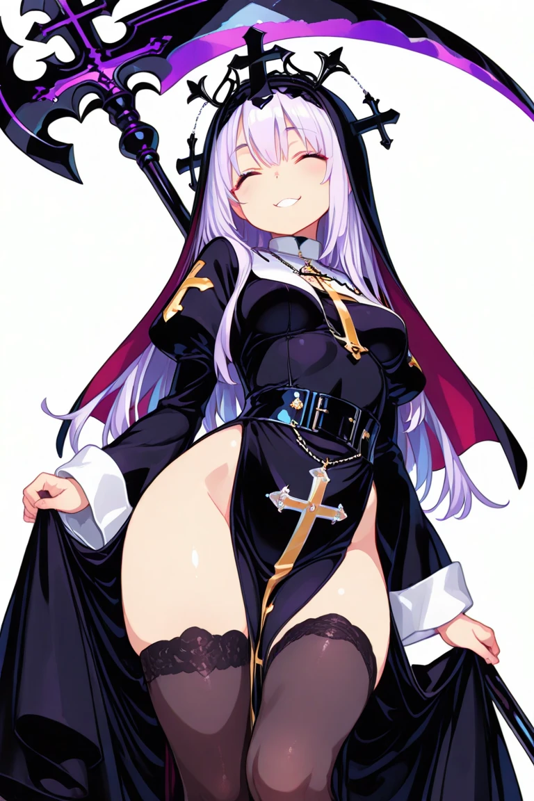 Beautiful girl foxgirl, medium large breasts,purple hair with pink highlights tips, masterpiece , red eyes, sexy, anime styled, 2D, mature, dynamic angle, long hair, sexy, fox tails, sexy pose, nun outfit