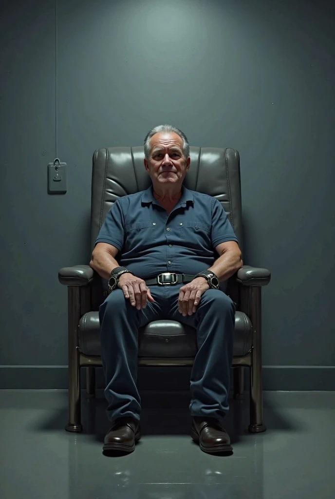 harold sitting in a wooden electric chair in a prison, smiling, orange prison jumpsuit, leather strap around stomach, hands bound to armrest, <lora:harold:1>