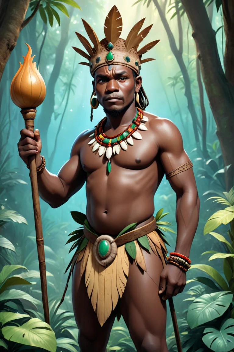 "A majestic and serene depiction of Oxóssi, the Yoruba orixá of the hunt, forests, and abundance. He is portrayed as a noble and agile African man, dressed in green and blue traditional attire, symbolizing his connection to nature and the forest. Oxóssi is holding a bow and arrow, ready for the hunt, with a quiver of arrows on his back. The background features a lush, dense forest filled with vibrant flora and fauna, representing his domain. The scene exudes a sense of tranquility and harmony with nature, highlighting Oxóssi's role as a protector and provider."