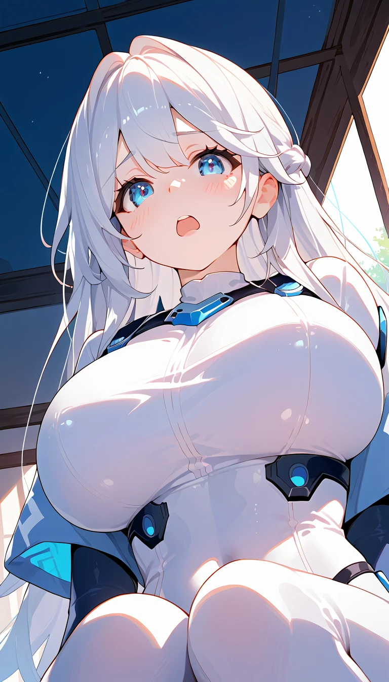 ((masterpiece)), ((best quality)), (ultra-detailed), ((kawaii)), cute, (lovely), ((sexy)), (ero), ((extremely detailed)), 4K, (8K), best quality, (beautiful), in the middle, bedroom, a pretty girl, robot suit, robot, beautiful silver hair, beautiful green eyes, ((beautiful eyes)), white-skinned, short hair, blunt bangs,gigantic breast, orgasm,seductive smile,parted lips,spoken many hearts,saliva,sweat,topless,show off nipple,breast milk,bottomless,touch pussy,pussy juice,masturbation,lying on back,m legs,nsfw