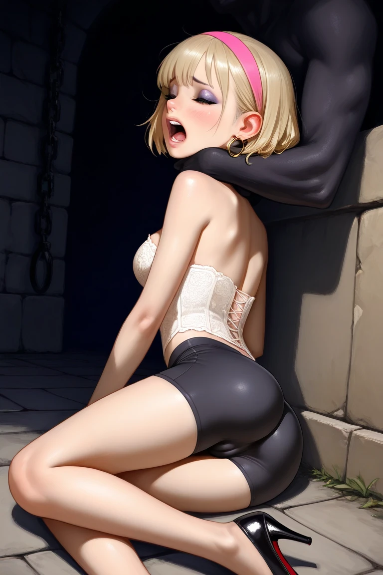 (best quality, masterpiece:1.2), 1 girl, mouth open, perfect tongue, tongue out, (small breasts:1.4), goat horns on head, helpless girl, submissive girl, yellow hair, short hair, beautiful eyes, blindfolded eyes, nude, spread legs, up skirt, transparent skirt, mini skirt, camel toe, one hand on pussy, pissing, background in abandoned building,