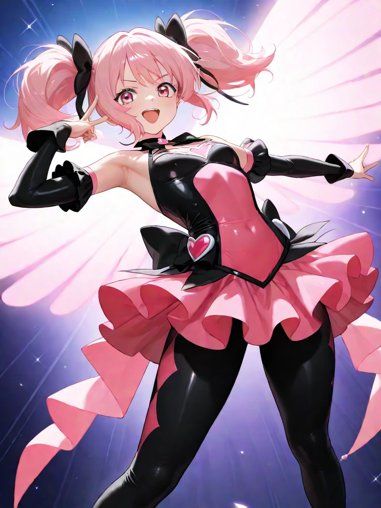female, pink short messy hair, red eyes, black cat ears, pink cat tail, (((1girl))), (((black and pink minidress))), (pink belt), (black fingerless gloves), (black thigh high boots), (rose tinted glasses), cute and sexy, full body, big breasts, long legs, smiling