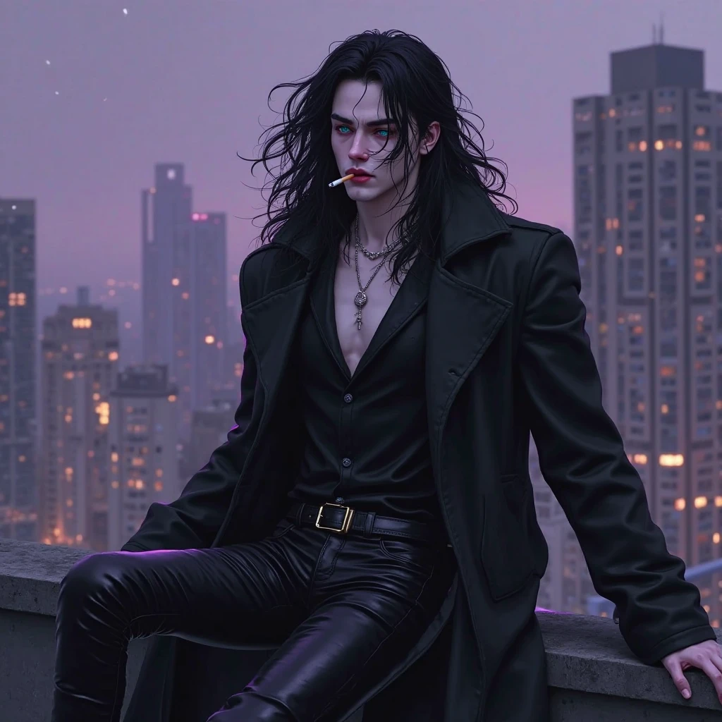 A sexy male with teal blue eyes and long black hair, with a nice and delicate face, wearing black leather jeans and a long black trench coat with black gloves. He is sitting on the edge of the rooftop smoking a cigarette while it's raining. He looks all gloomy.

