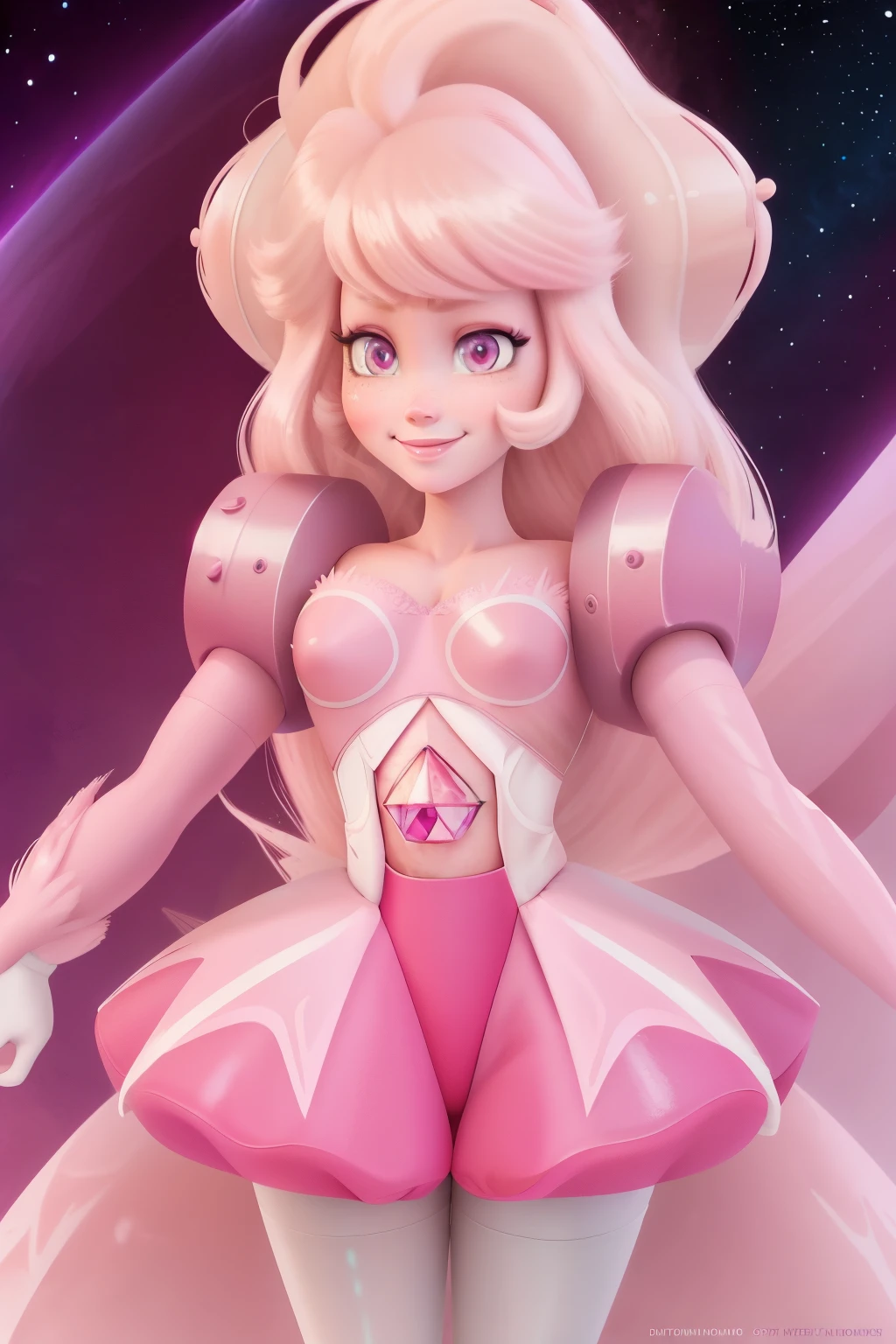 pnkdamond, pink hair, pink eyes, big hair, stomach gem, pink skin, toned,
puffy short sleeves, elbow gloves , white thighhighs, puffy dress,
standing, upper body,
outerspace,
(insanely detailed, beautiful detailed face,beautiful detailed eyes, masterpiece, best quality) cinematic lighting, smile,