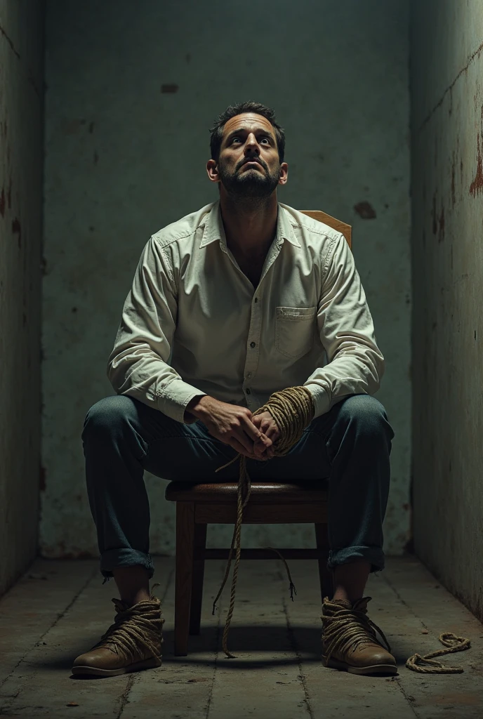 Main tied on chair rope in his waist with red shirt on