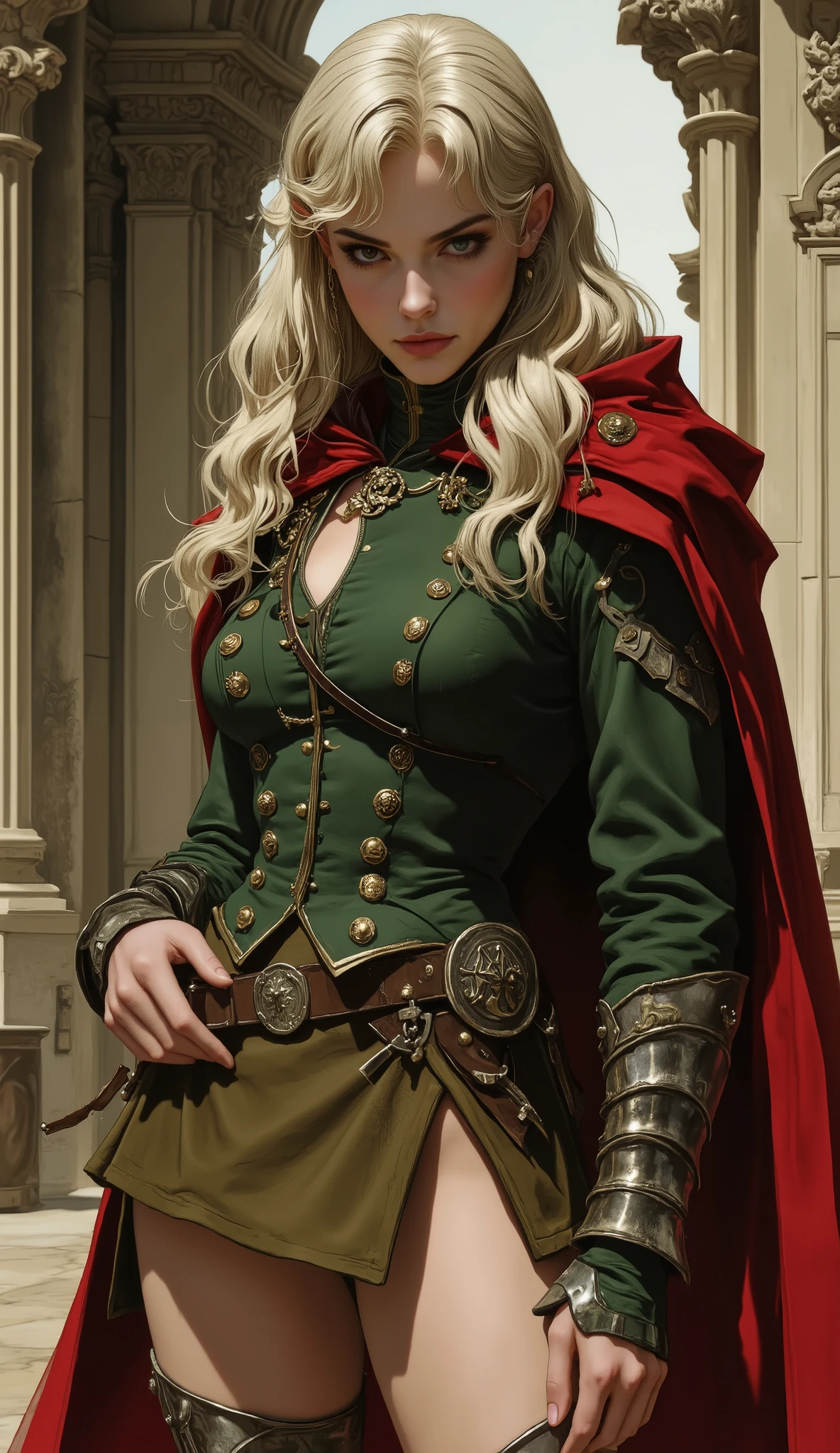 A young woman, an imperial female officer in a fantasy realm. She has long, platinum blonde hair with choppy bangs, sharp crescent eyebrows, and piercing eyes. Her delicate oval face conveys a serious and stern expression. She is wearing a meticulously detailed fantasy-style green military uniform jacket with a matching short skirt, a rich crimson waist-length cloak, and leather long boots equipped with silver greaves. Her pose is confident: one hand on her hip, head tilted upwards, gazing down authoritatively towards the front. Styled as a cinematic movie still from an 80s fantasy film. Emphasize professional quality, high detail, exquisite rendering, precise anatomy and attire, and a highly creative interpretation of the theme. Dramatic lighting, vibrant yet period-appropriate colors, detailed textures.