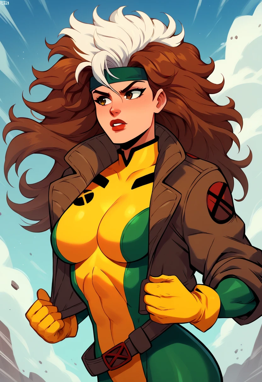 score_9_up, score_8_up, score_7_up, retro neon punk, leotard, belt, rogue (x-men), marvel, 1girl, (long wavy brown hair), [[white hair streak]], green eyes, solo, , wide , yellow background, <lora:NeonPunk:1>