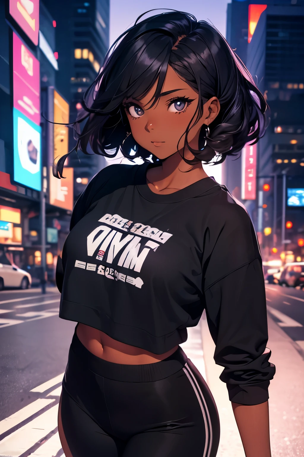 Dark-skinned adult anime woman, 29 anos, small and black hair, The frizzy hair shaved on the side, visto de cima , series,com um rosto bonito , wearing a cropped black sweatshirt and black pants in a dark setting, cyberpunk ((viewer's point of view)) ((best style quality)) ((detalhado)) ((high definition)) ((rosto bonito)), ((vista do alto))