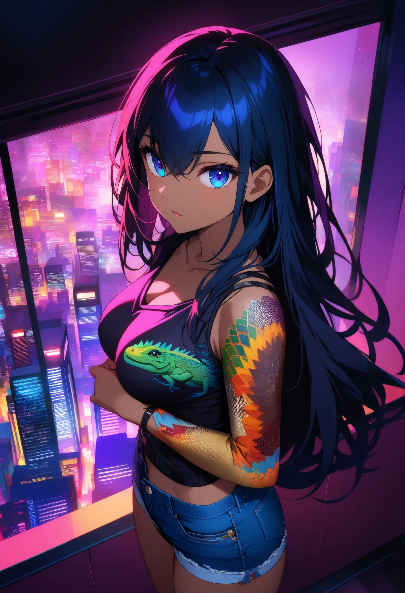 18 year old boy walking around the city, happy face, black sport bra, gray jacket, black sweatpant, clean skin, super skinny, very detailled, face detailed, long blue hair, Raquel cook, dynamic camera, long torso, Alice Band, skin tanned, earbuds, cyberpunk city landscape, skyscrapers, natta, stele, colorful lighting, smiling, (Symmetrical tattooed torso, tattoo's: 1.4), camera from below, (baldie, It&#39;s falling apart head, no fur, It&#39;s falling apart: 1.5)