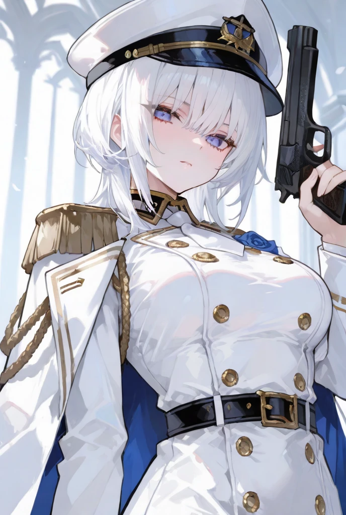 masterpiece, best quality, QueensGraveMeme, v, smile, <lora:GrantGustinNextToOliverQueensGraveMeme:1>, mast \(nikke\), cleavage, black gloves, long sleeves, belt, coat, epaulettes, military, white headwear, white shorts,  <lora:mast-nikke-richy-v1:0.9>