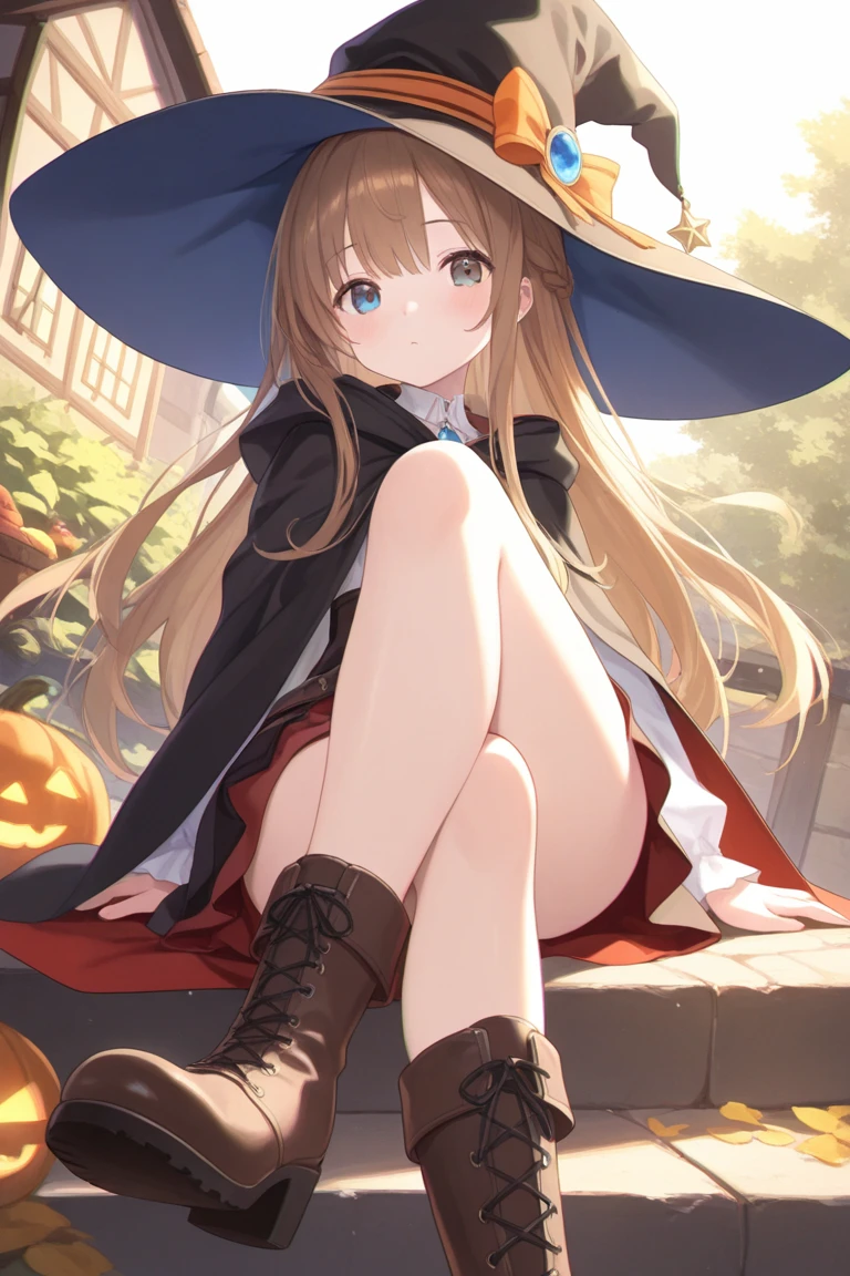 <lyco:GoodHands:1.0>, <lora:add_detail:0.5>, (masterpiece), best quality, forest, night, moon, campfire, grass, 1girl, solo, petite, witch, long hair, light brown hair, red eyes, witch hat, blush, open mouth, smile, black dress, frills, lace trim, puffy sleeves, white socks, bobby socks, (knees together feet apart:1.2), sitting, on ground, on grass