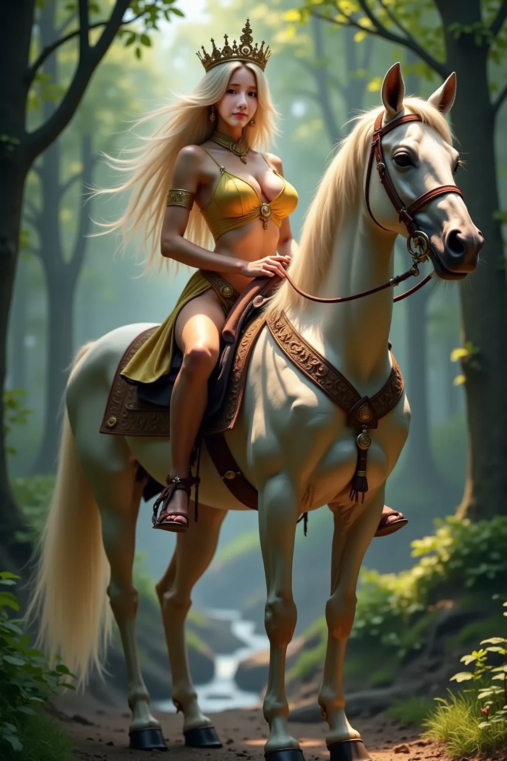 on the beach, many small full body, naked woman lie on ground,  small man riding white horse far far, white feather cloak, shield, bow, sword, female greek god, white hair, masculine, mature, naked, hairy torso, fantasy, intricate, elegant, highly detailed, digital painting, artstation, concept art, smooth, sharp focus, illustration, 