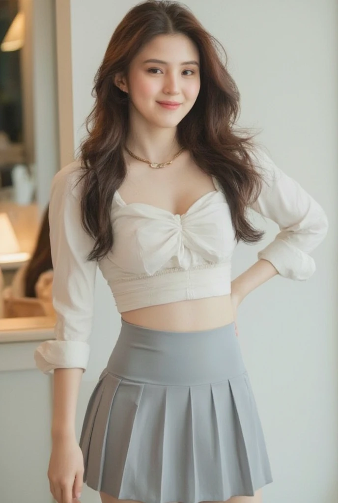 Woman sitting on sofa，A red bow is worn on his head, korean girl, Full body cute young lady, Wearing a cute top, gas station trends, casual clothing style, White fluffy suit, young cute girl, beautiful young girl, wearing white skirt, wearing white clothes, Korean fashion model, white top, Wear a crop top，show breasts，Show cleavage，V-neck，Sexy，looking at camera，V-neck