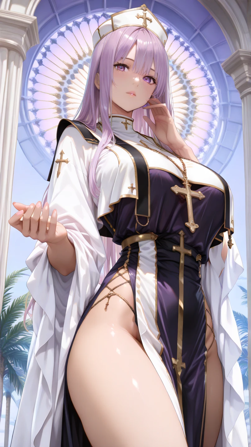 High resolution, HD, 8K, Detailed image, HD image, high resolution image, 8K image, Japanese girl, (25_-year-old _:1.5), human, ((white hair:1.3)), long hair, thighs, innocent, cute, nun's uniform, perfect lips, perfect mouth, fangs, blush sexy thighs, church, sexy nun , BREAK ((BREAK lilac eyes:1.5)), detailed eyes, high quality eyes, HD eyes, 4K eyes, --auto --s2