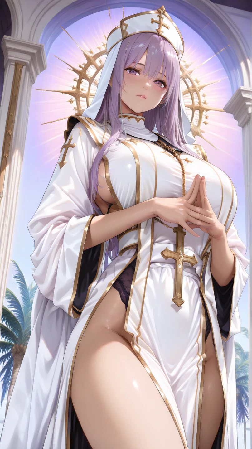 One Girl、Long Hair、Slightly large chest、（Slightly large chest：1.4)、Thick thighs、（Thick thighs：1.2)、Silver Hair、Golden Eyes、(Highest quality, 8k, 32K, masterpiece, Ultra-high resolution,:1.2),to be born, One Girl,So cute , Natural light,clear, Shining Eyes, 20-year-old ,Fair skin, See-through,((Extremely detailed CG unified 8k wallpaper)), (Huge and stunning goddess shot, Very hot and sexy, Incredible beauty, Perfect Proportions, Beautiful body, Slim body beauty:1.4), Medieval church, Brick wall, , ((Nuns, wearing white Nuns's outfit, Skins not showing, cross, Intricate details:1.3)), White Saint, Center of chest, smile, pray