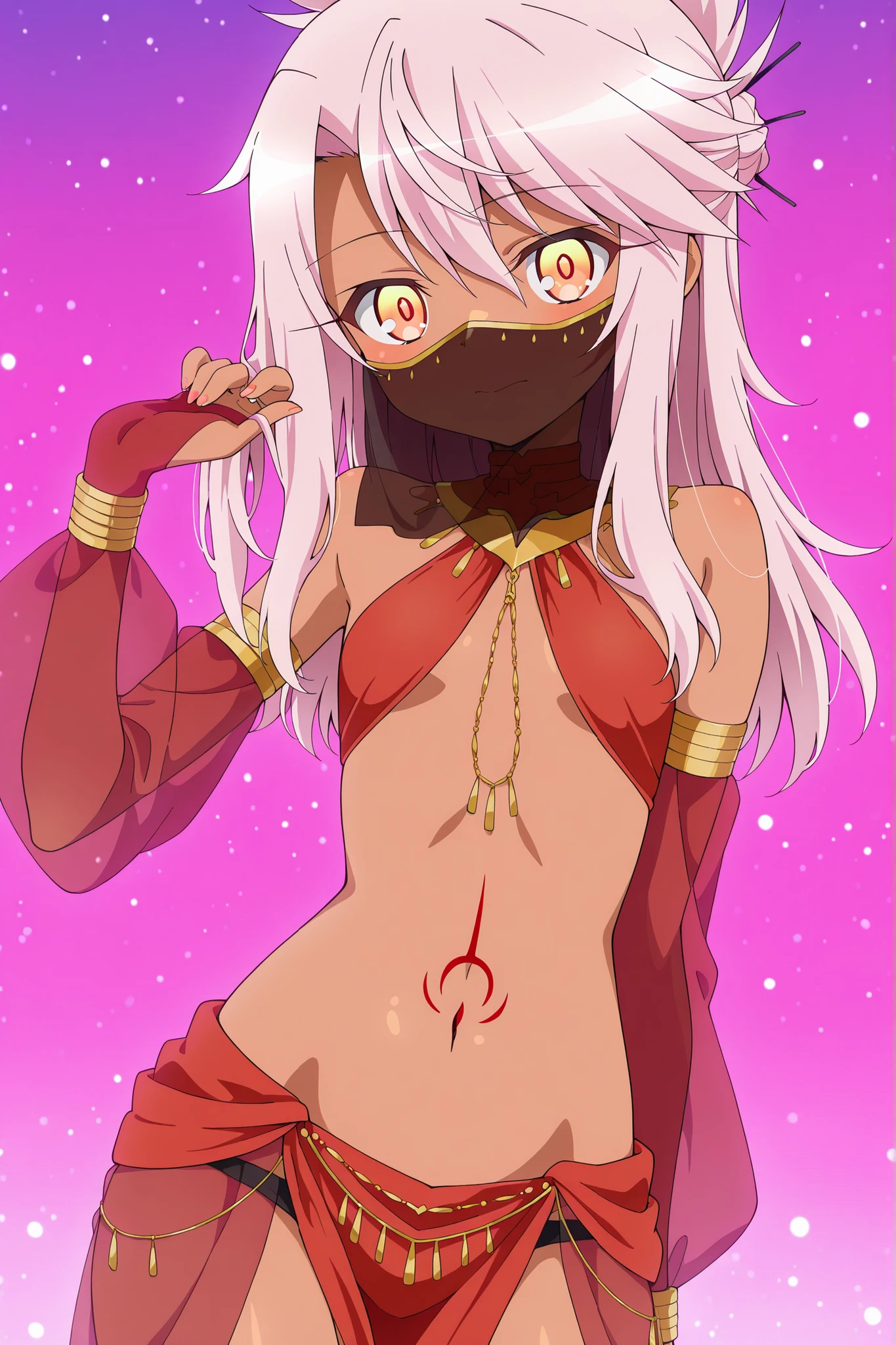 (solo:2, dark brown skin 1000 yo cool elf woman, Dreadlocks:1.4 pink hair long hair, sexy yellow eyes, glossy lips, serious face, blushing), (in a very sexy micro Bikini swimsuit with red line), break, in the castle Dressing room, BREAK, perfect anatomy, masterpiece, best quality, 16k, beautiful detailed grow, daydreaming expression.