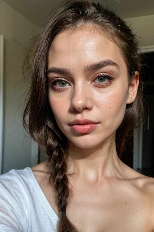 A very beautiful woman with wavy and tied black hair, com olhos verdes claros, freckles and two lines on one eyebrow, she's serious, waving a gun, she wears a soldier&#39;s outfit