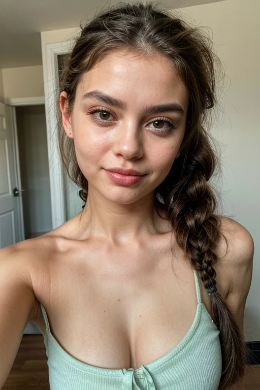 1girl. Tan skin, freckles on nose, freckles on cheeks, dark brown hair, wavy hair, hair braid, loose white tank top, flat chested, twenty years old, bedroom, selfie, smartphone