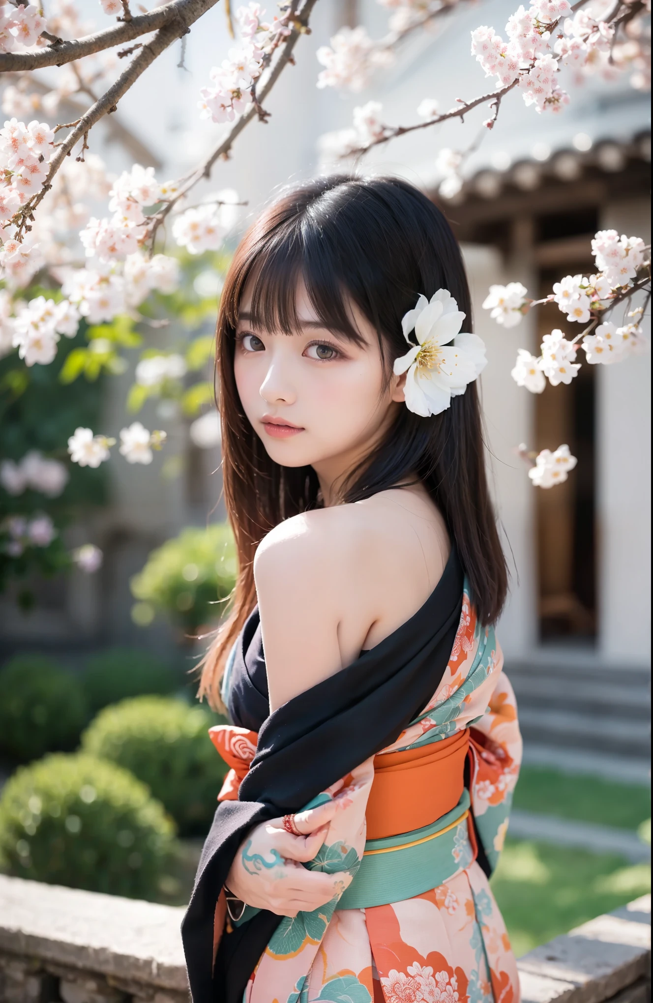 (logo、masterpiece、8K、table top、RAW photo、wonderful、最high quality、フォトリアリスティックでvery detailedな CG 統合 8k 壁紙、high quality、very detailed、narrative poem、particle effects、dynamic effects、Depth of the bounds written、cinematic light、Lens flare、ray tracing)、fantasy、 (1 beautiful woman、dress、dress、cherry blossom pattern、black haired、beautiful face、real face、beautiful details eyes beautiful skin)、髪がWindで踊る、Hair flutters in Wind、hair jump、pink cherry tree、petals dance、SakuraFubuki、wonderful景色、sunrise、sun on background、Wind、