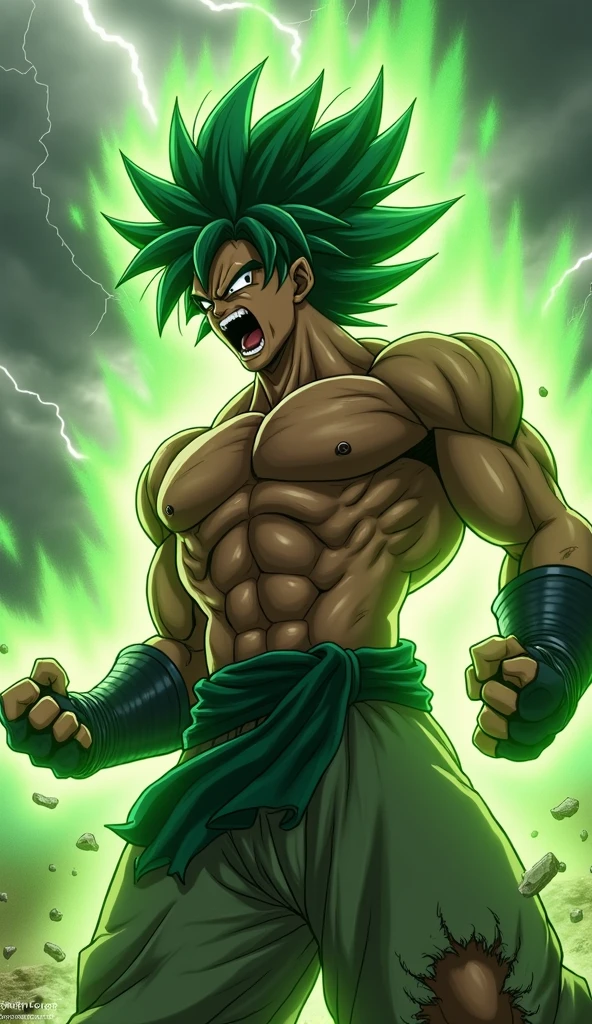 Create a high definition ultra hd wallpaper of raging broly with a green theme and a dragon at the background