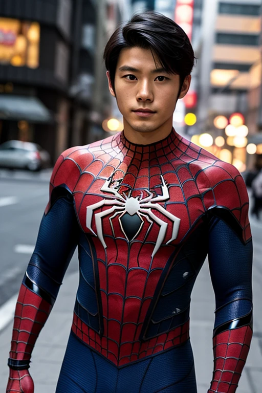Jungkook IA, Spider-Man&#39;s costume only showing the neck up without chewing, Jungkook BTS bro, AI realistic style Jungkook only the face showing and spiderman costume on the rest of the realistic body Portrait,Photorealism,Hyperrealism,Ultra-realism