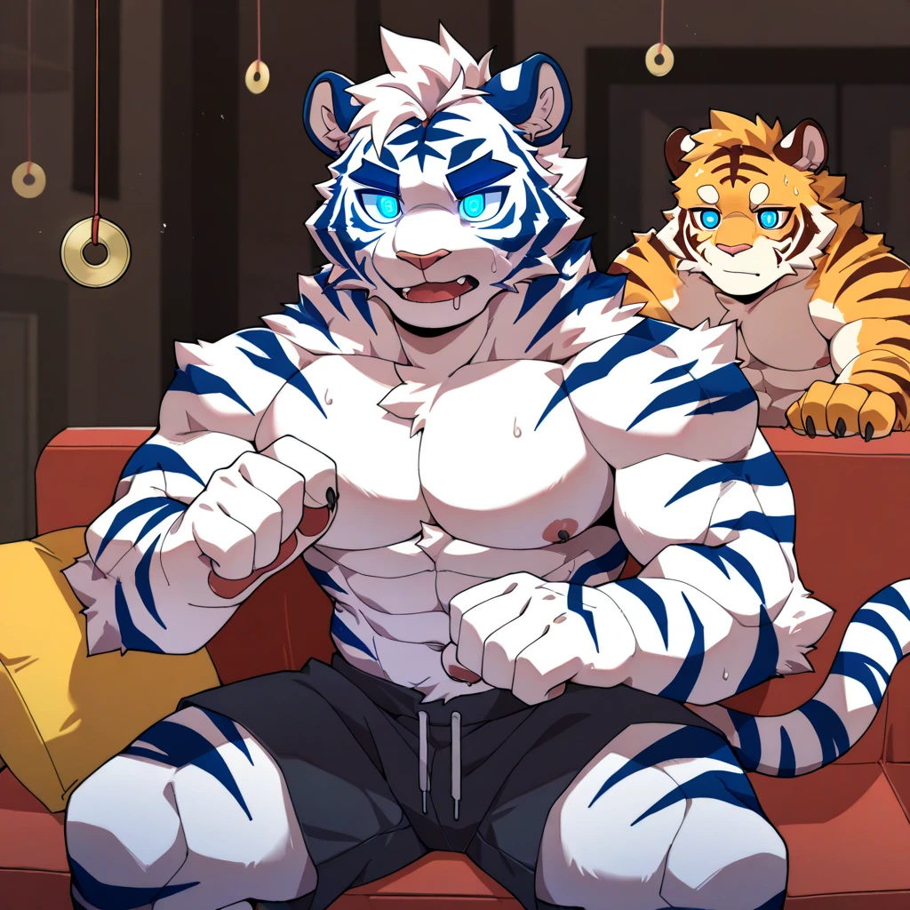 furry,Ultra-clear,16k,full body portrait,Full body close-up,Facial clarity,Bright Eyes,delicate eyes,Worm's eye view,solo focus,Main body gray,Canidae,Big dog,Wolf,male,juvenile,student,high school student,sports student,young,Tough Guy,Silver-gray hair,golden eyes,Eyes as bright as the sun,tall and strong,Muscles all over the body,Large pectoral muscles,8 pack abs,Powerful biceps,thick tail,thick arms,generous palm,Wide and thick wolf claws, wide and thick animal feet, wide and thick wolf feet, sharp animal claws, sharp wolf claws,Perfect body proportions,Handsome,cute,Cool,youth,Aloof,Looks sunny,Strong build,Young face,Powerful and domineering,Be honest and honest,Humble,sexy,Aggression,hormoneiddle two diseases,Eighth-grader syndrome,half naked,no clothes,No shirt,shirtless,briefs,barefoot,no shoes,cold,indifferent,Poker face,stand,upright,hands in pockets,looking at the audience,erectile,tempting,Tiger,Tiger尾巴,Tiger爪,Cats,Strong muscles,Two-person diagram,Tiger与狼