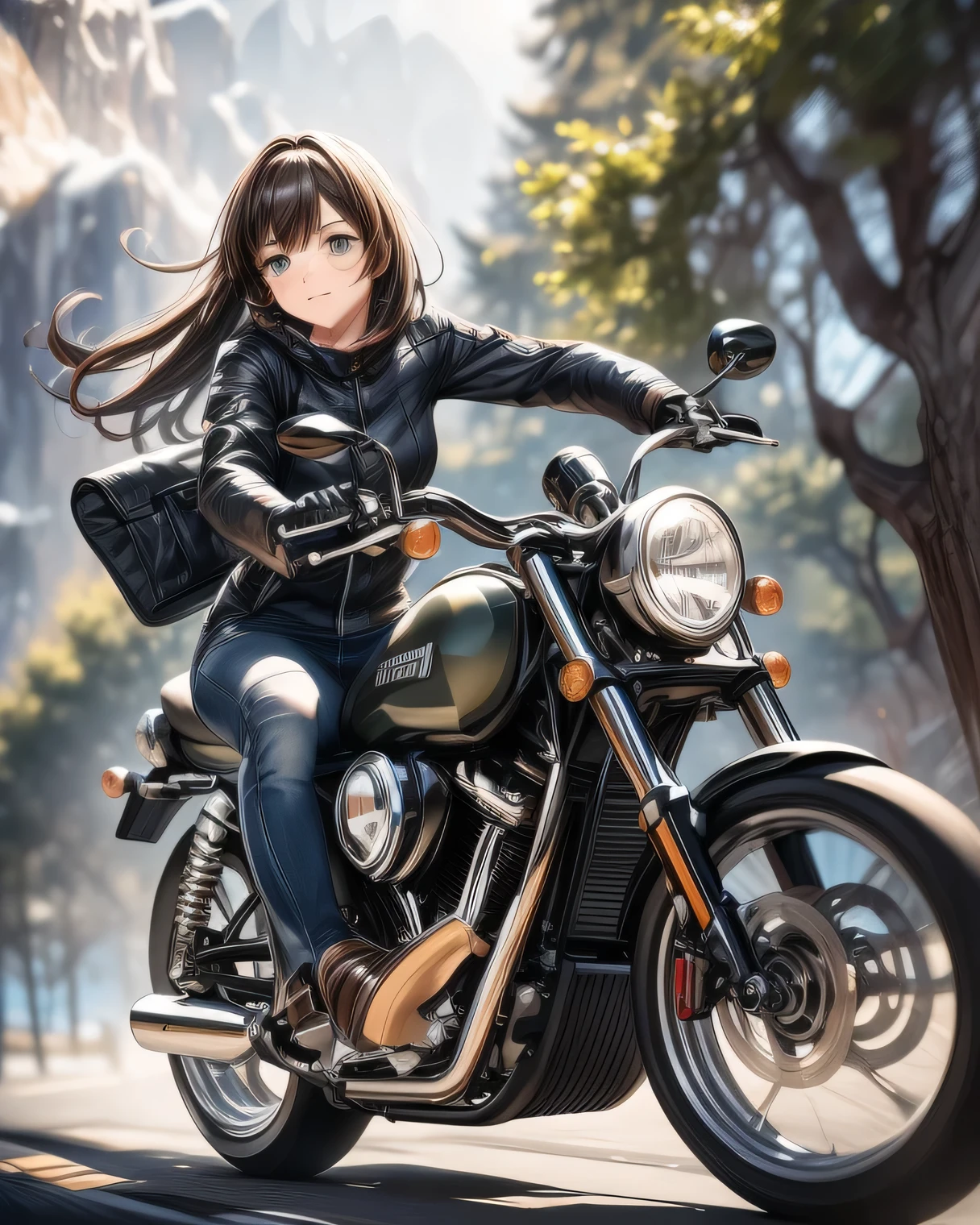 ((( Masterpiece:1.3, Best Quality, hight resolution, nffsw, Perfect Pixel, 4K, nffsw, nffsw))), 1girl in, Off-road motorcycle driving on spring country roads、18-year-old girl、jet helmet、((December scenery, white Christmas, softly falling snow, she drives carefully along the national highway)), She has both hands on the handlebars, she's low to the ground, she's cornering great.