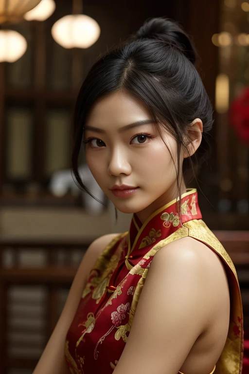 beautiful mature woman , looking directly at the camera, very realistic, at home, tight silk cheongsam, clothes tight against body, clothes too tight, film grain, fit muscular body, clothes too tight, seductive, , seductive, sexy, large breasts, short sleeves, elaborate clothing