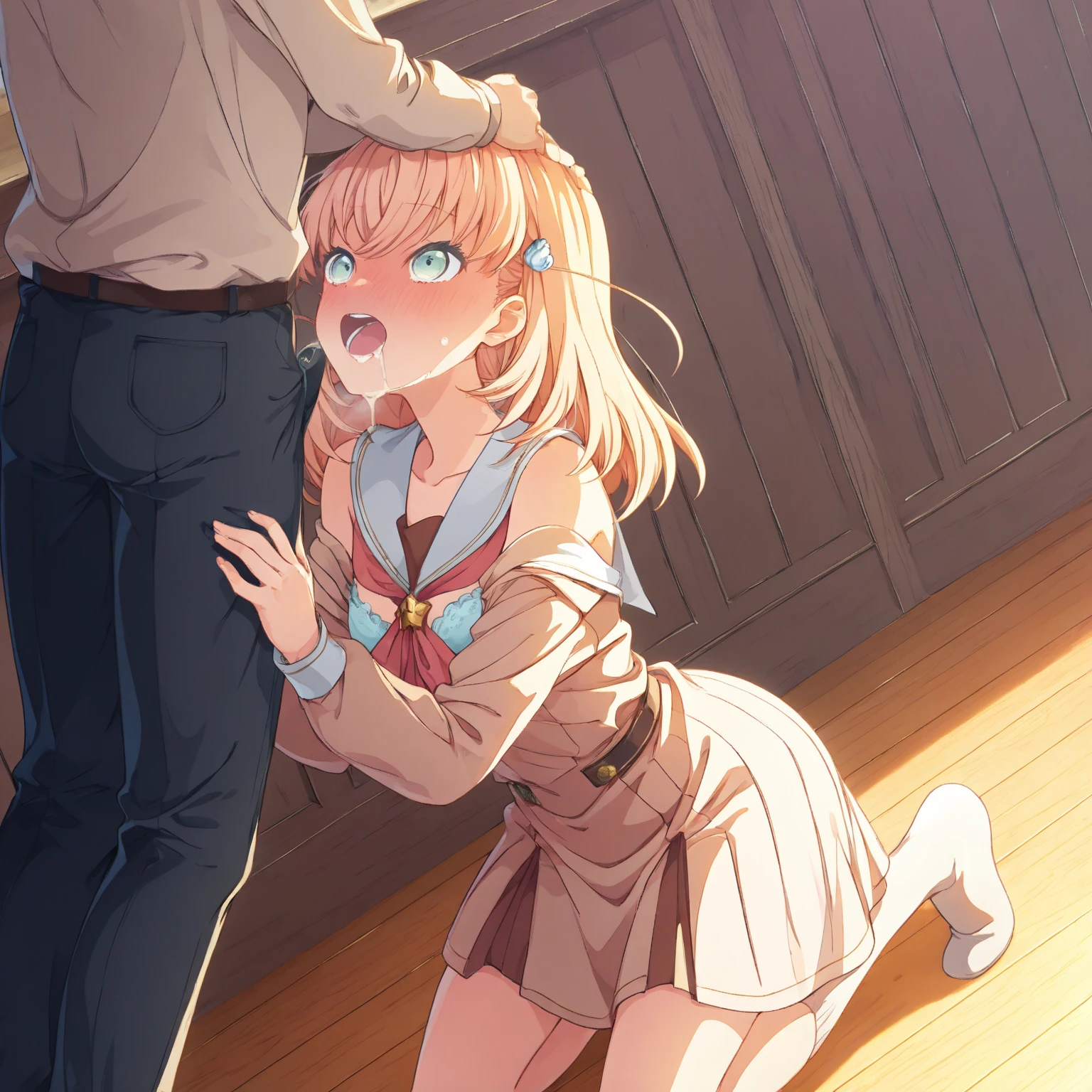 (A very small girl, Fat middle-aged man:1.2), 破れたpantyhose, pantyhose, White shirt, Pencil Skirt, blush, (kiss), (hug), office, Very detailed, High resolution, 4K, masterpiece, High resolution、(tears:1.8)、(Clothes are see-through:1.2)、heart