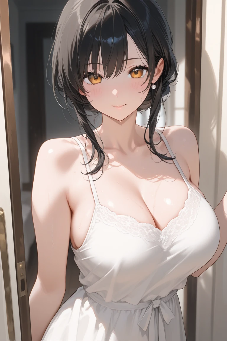 ((masterpiece)), ((best quality)), (detailed), ((mature female)), (medium skin), medium fluffly moptop bob cut, (blunt bangs), brown hair, (tareme), large breasts, photograph, beautiful detailed face, detailed eyes, ((night hotel room)), (embarrassed:1.2), ((bathrobe)), (wavy mouth), (upper body)