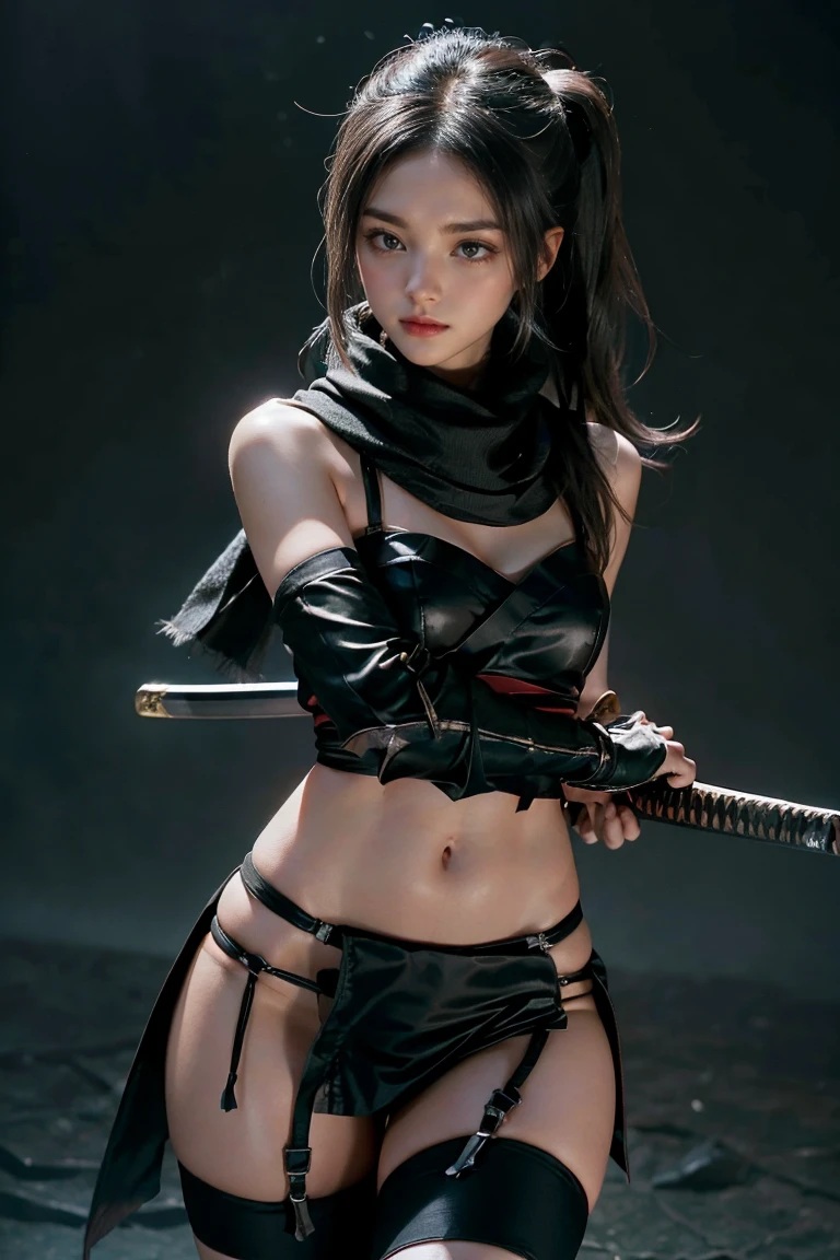 woman in black dress holding a sword and kneeling on the floor, with large sword, posing with a sword, she is holding a katana sword, unsheathing her katana, badass pose, tifa lockhart, anime cosplay, katana, cosplay, she is holding a sword, katanas strapped to her back, anime girl cosplay, professional cosplay