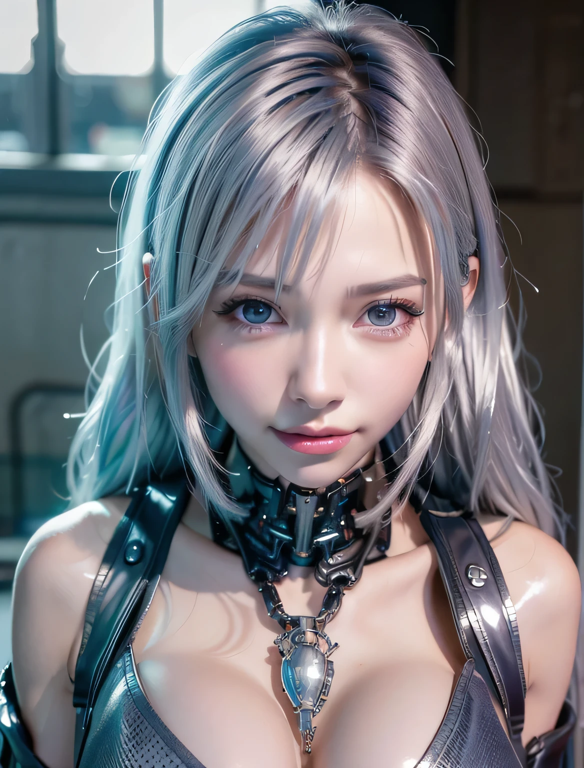 top quality, table top, ultra high resolution, (realistic: 1.4), Raw photo, 1 Cyberpunk Girl, black hair, Glossy skin, 1 Mechanical Girl, (Ultra realistic details)), full body, global illumination, contrast, shadowy, octane rendering, 8K, super sharp, exposed cleavage, raw skin, Metal, intricate decorative details, Japan details, highly complex and detailed, realistic light, CG trends, towards the camera, neon details, mechanical limbs, blood vessels connected to tubes, mechanical vertebrae attached to the back, Mechanical cervical attachment to the neck, Wires and cables connecting to the head, gundam, small led lamp. girl、silver hair、round eyes、amazing irisディテール