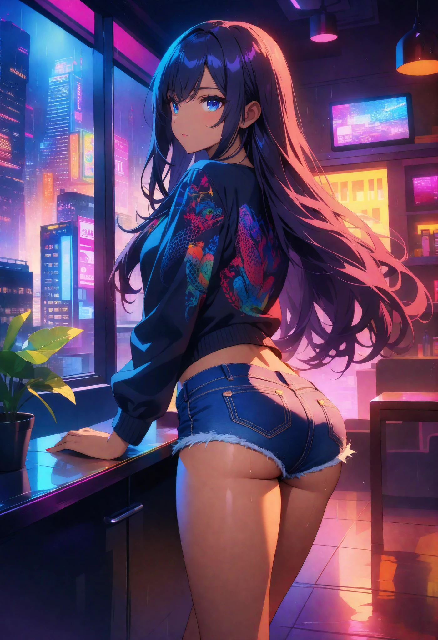 top quality , highest resolution, detailed depiction of the eyes, colorful, dark theme, one female, dark blue color eyes, dark color hair, long hair, light dark skin, denim shorts, provocative, Lizard pattern design, neon city, indoor , room, night, Overlooking the rainy city