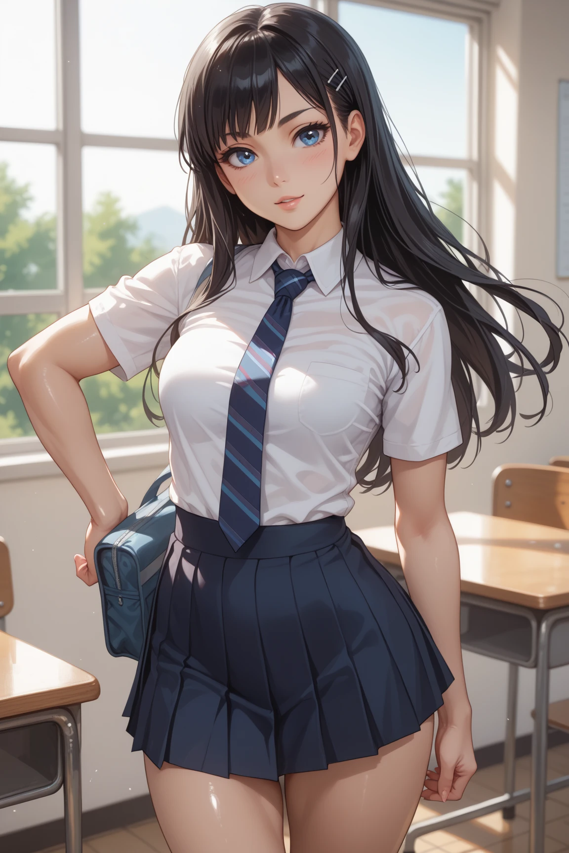 high school girl、Black Haired Beautiful Girl、Short-sleeved uniform、White blouse、Lightweight blouse、Wide-open eyes、Naughty lips、Collarbone in full view、Navy Skirt、Sexy thighs、Inner thighs、Clear body lines、School、classroom