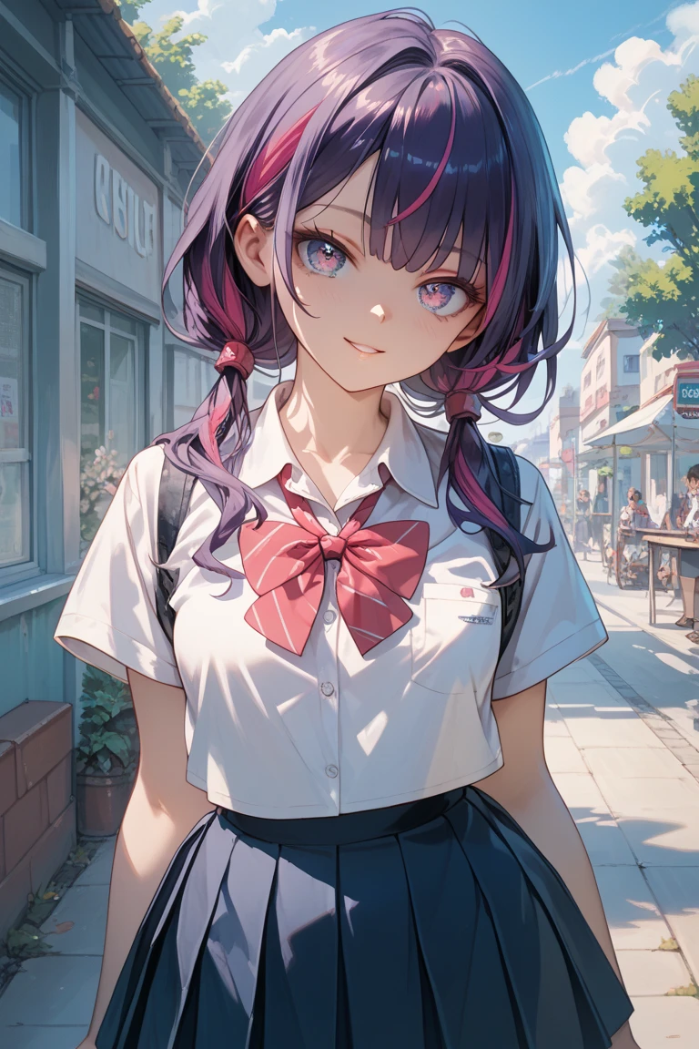 (masterpiece:1.2, top-quality), (realistic, photorealistic:1.4), beautiful illustration, (natural side lighting, movie lighting), nsfw, 
looking at viewer, cowboy shot, front view:0.6, 1 girl, japanese, high school girl, perfect face, cute and symmetrical face, shiny skin, 
(long hair:1.8, side ponytail:1.7, sidelocks, light pink hair), parted bangs, emerald green eyes, long eye lasher, (large breasts:0.8, thick thighs), 
beautiful hair, beautiful face, beautiful detailed eyes, beautiful clavicle, beautiful body, beautiful chest, beautiful thigh, beautiful legs, beautiful fingers, 
((((long sleeve)), roll up sleeves, white collared shirts, navy pleated mini skirt, black socks, brown loafers, red bow tie, pastel pink sleeveless knitted vest, black headband)), pink panties, 
(beautiful scenery), evening, riverside, walking, heart hands, (one eye closed, wink, lovely smile, upper eyes), 