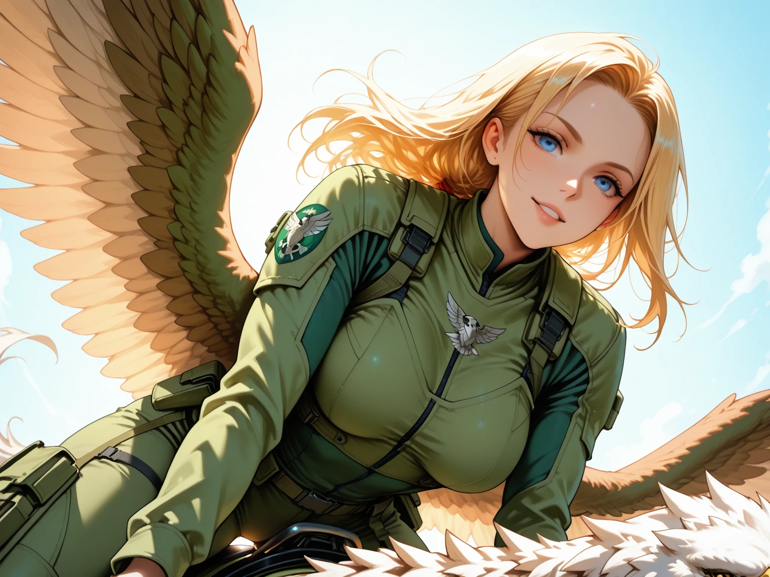 Young Female, God wings with gun paticle, Dark Green dress, War Background, Blonde Hair, Fiendlish Eye, 3D, Realistic, HDR, Anime, HD, Background, RTX, 2K, Masterpiece.