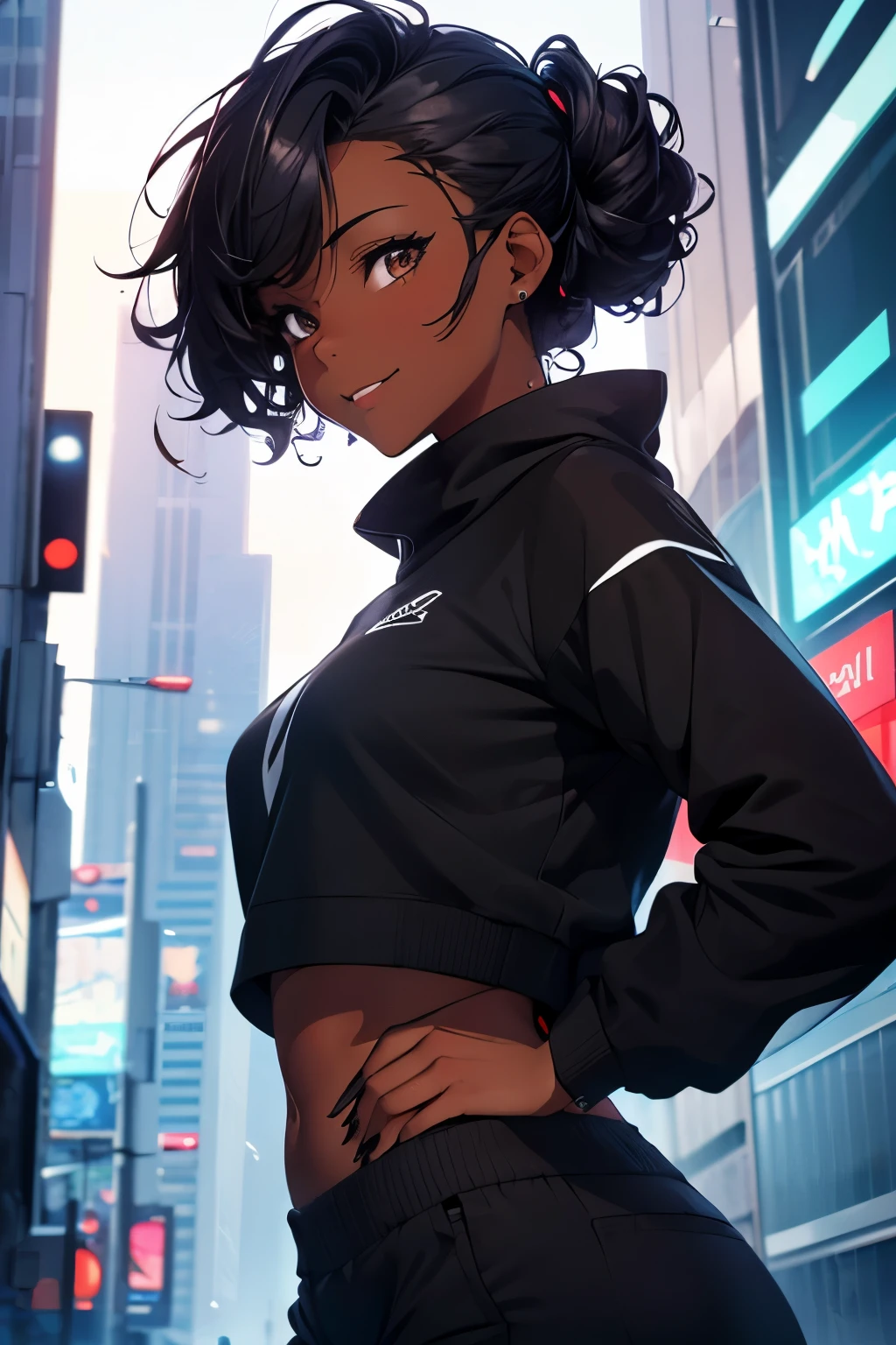 Dark-skinned adult anime woman, 26 anos, small and black hair, The curly hair sidecut , visto de cima , sorriso sedutor ,com um rosto bonito , wearing a cropped black sweatshirt and black pants in a dark setting, cyberpunk ((viewer's point of view)) ((best style quality)) ((detalhado)) ((high definition)) ((rosto bonito)), ((vista do alto))