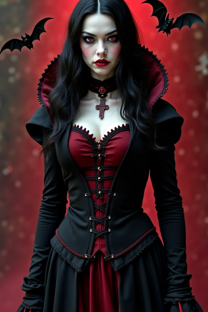 long-haired girl,Wearing a long black lace dress,Shoulders exposed, grin smile,(((((unholy))))),(((red color eyeystical ambiance))),(((Dark style)))