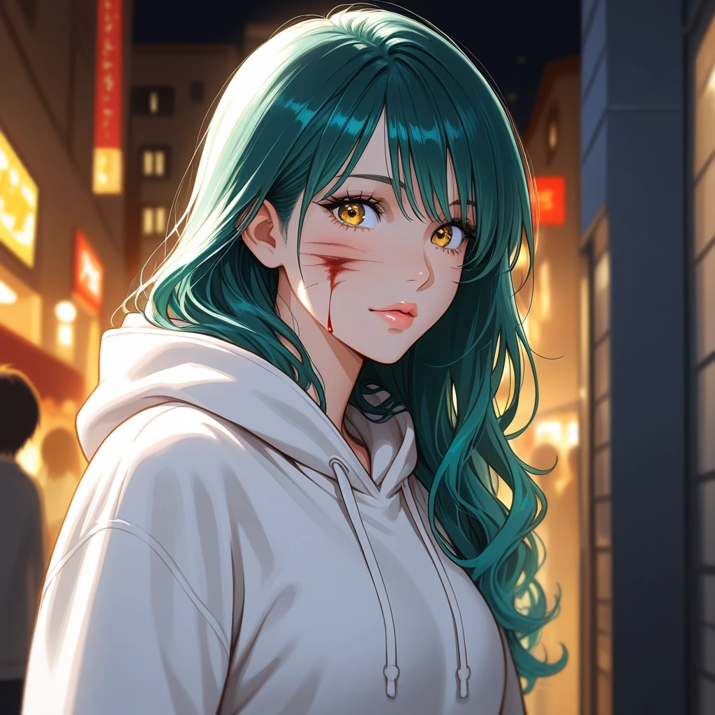 score_9, score_8_up, score_7_up, source_anime BREAK (1girl), dark green hair, multicolored, pink eyes, long hime cut hair, (wearing long coat and jeans), standing in front of a concrete wall with neon graffiti, night, upper body, cinematic lighting, volume lighting, noire, rainig, wet,