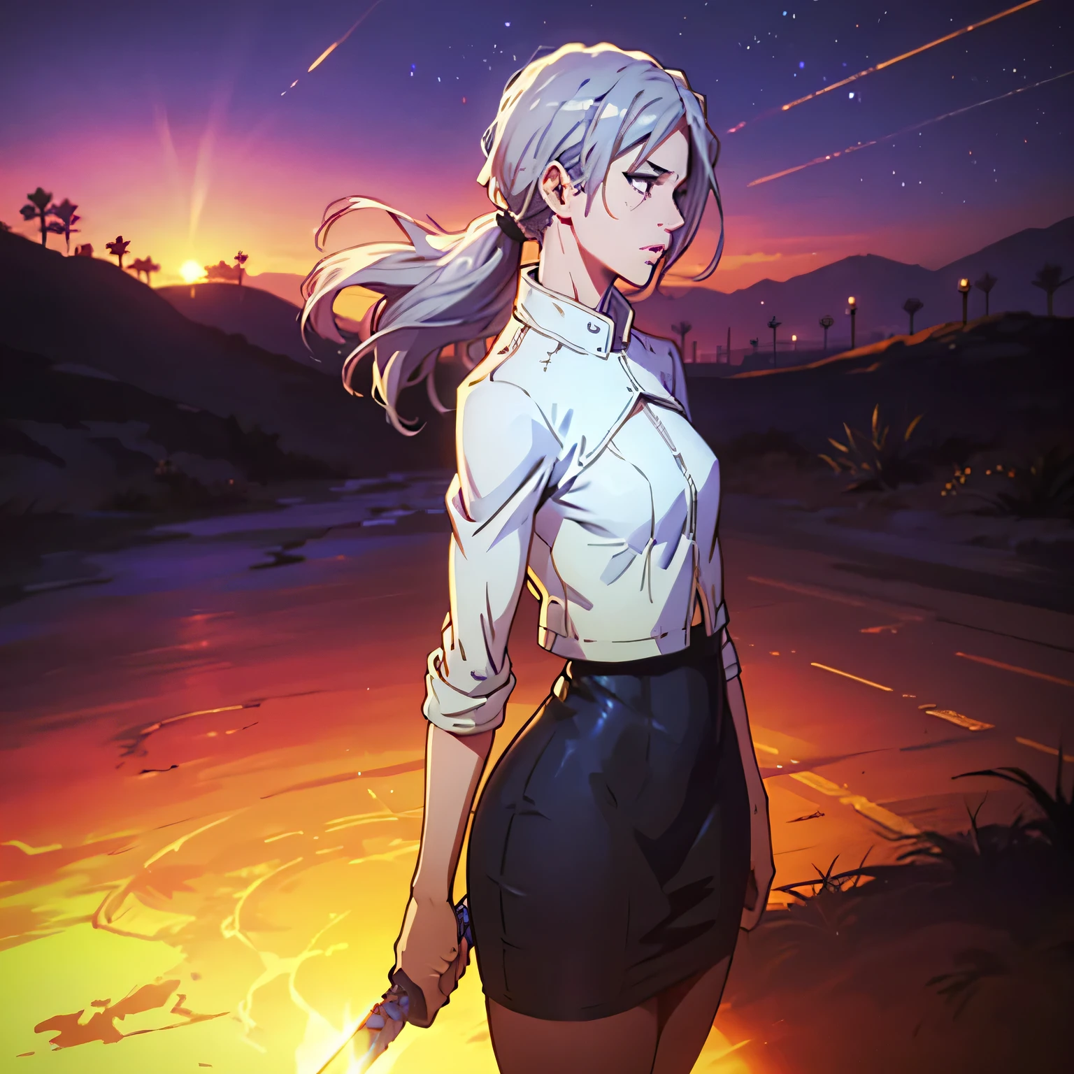 nsfw、animation、Highest image quality、high resolution、woman standing in the desert、Gentle expressions、adult expression、(((slender figure)))、((bluish silver hair))、semi-long hair、ponytail、A straight nose、small breasts、light blue camisole、blue leather tight skirt、Miniskirt、white leather short jacket、 has a sword that glows red、lightsaber、Sunset in the Desert、at dusk、blue-purple sky 、Strong backlight、the wind is blowing