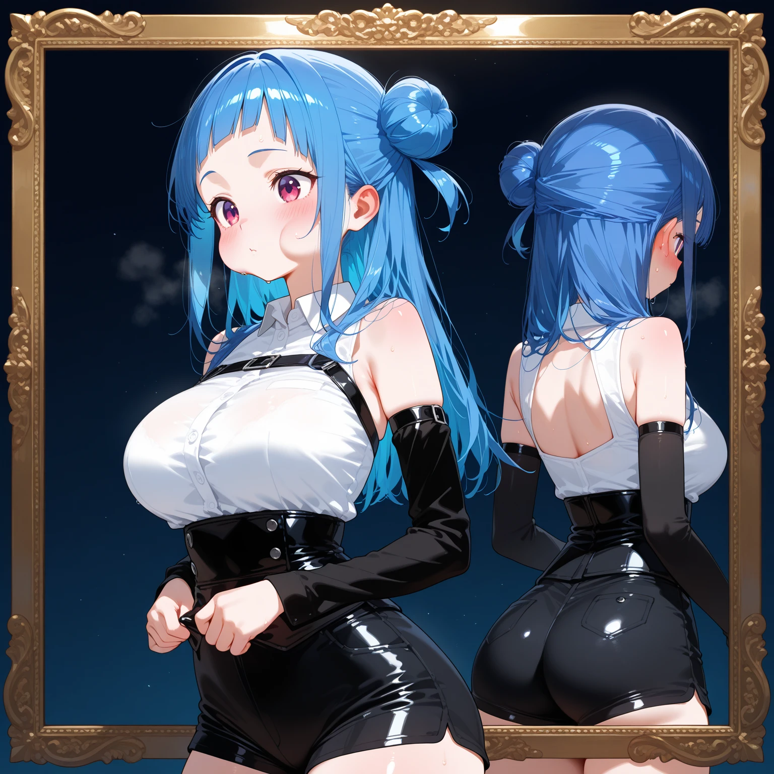 NSFW,Hoshimachi Suisei,blue eyes,blue hair,choker,hair between eyes,medium hair,side ponytail,スターchoker,small breastasterpiece:1.2), highest quality, High resolution,(detailed and beautiful eyes:1.6),(perfect hands, perfect anatomy),(((masterpiece))),((highest quality)),embarrassed face,blush,teeth clenched,whole body,high leg swimsuit,thin waist,stomach,cleavage,,（my pussy is wet:1.7）,（my crotch is wet:1.7）,sexual treatment,sex slave,Night Ga,beach house