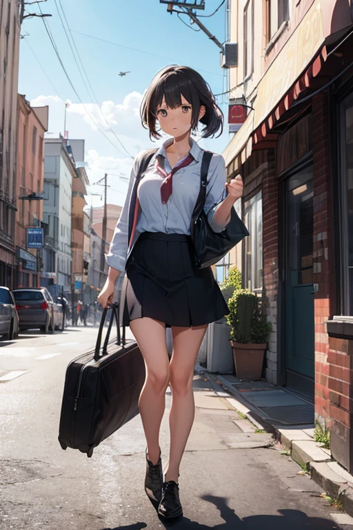 (super flat, flat shading), Honors Type, Really blushing, , high school girl, wearing long sleeve shirt and plaid pleated mini skirt, Short bob cut brown hair, Glasses, sweaty healthy body, mesugaki smile, bare legs, loafers, ultra realistic, early morning, breeze skirt lift, (spread legs:1.0), (standing:1.2), in crowded street,