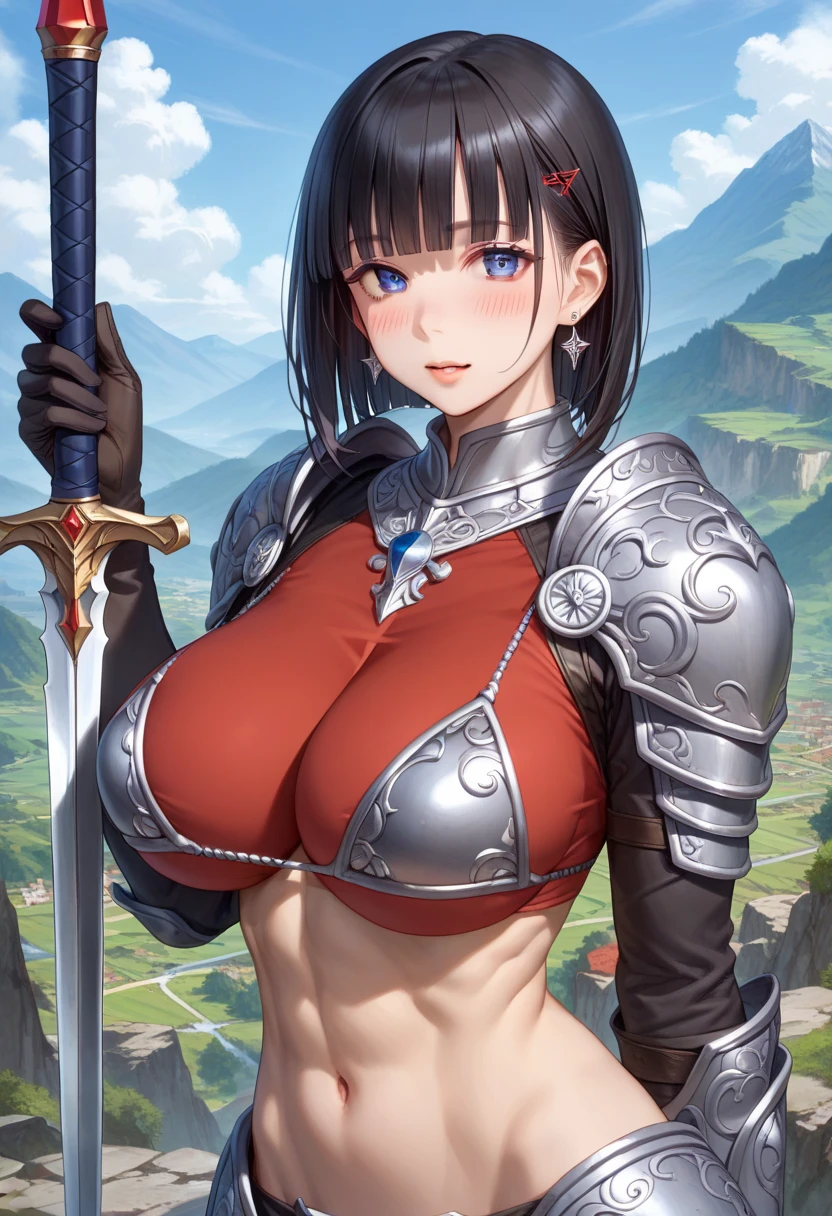 Nsfw,(masterpiece:1.3, top-quality:1.3, ultra high res, ultra detailed), (realistic, photorealistic:1.4), beautiful illustration, (natural side lighting, movie lighting), looking at viewer, perfect face, (perfect anatomy), cute and symmetrical face, baby face, shiny skin, slender, drooping eyes, big eyes, long eye lasher, beautiful hair, beautiful face, beautiful detailed eyes, beautiful clavicle, beautiful body, beautiful chest, beautiful thigh, beautiful legs,perfect anatomy, anime screencap, absurdres, a girl, samurai, intelligent, neutral, sword fighting, looking at viewer ,blunt bangs,straight hair,black hair,short hair,gigantic breast,nipples , fair skin, tall, glamorous, voluptuous,red armor,short skirt, Epic Battle Scene, with a katana, fantasy, full body shot, red hues,dynamic pose,embarrassed,cherry blossom