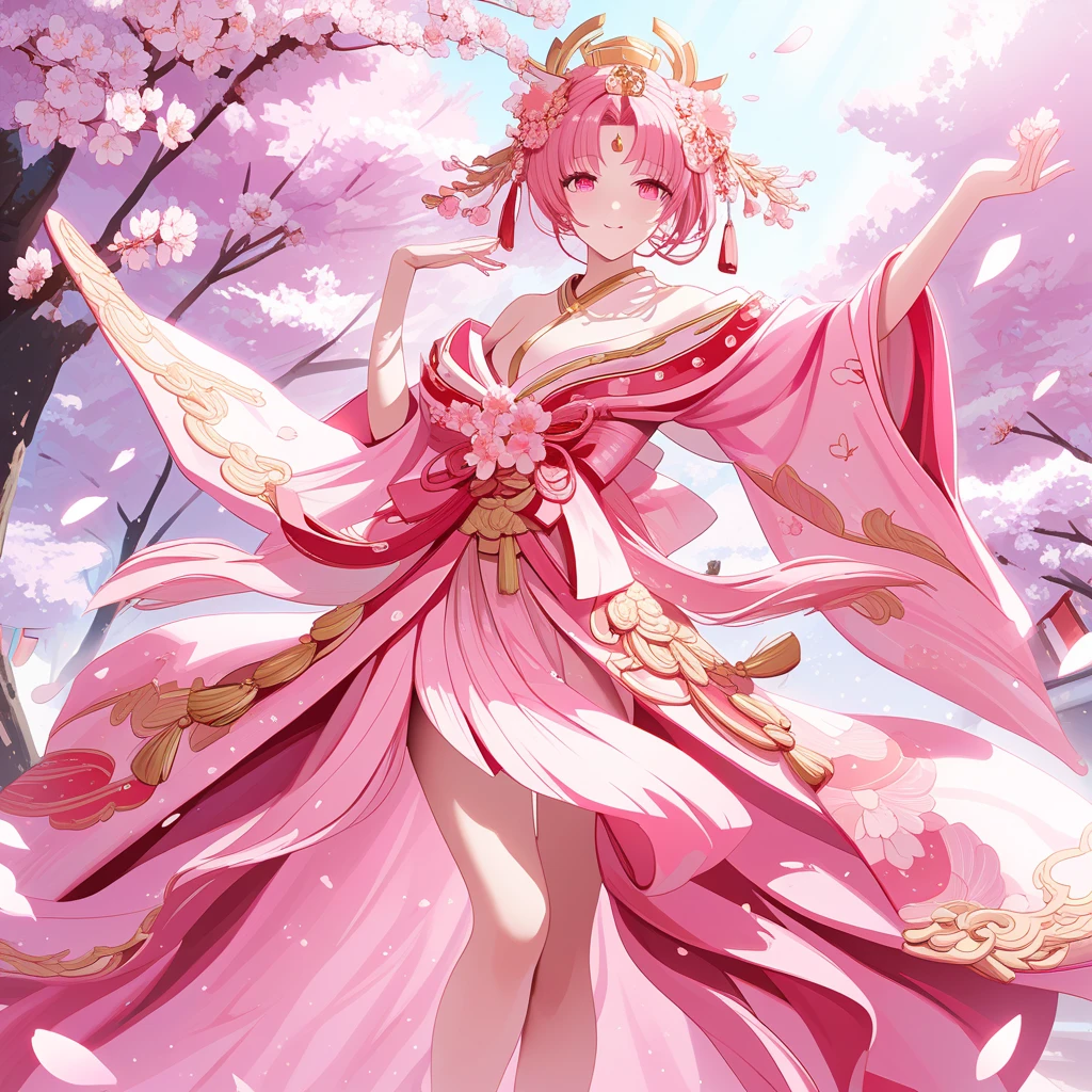 Yae Miko (Only one person..) (short pink hair, purple eyes.)White dress,red face, Embarrassed.,Erotic smile,Red lips,A Beautiful Girl,Middle chest,bride,queen,wife,Saw the legs..,Stand with your back to us.,RAW photo