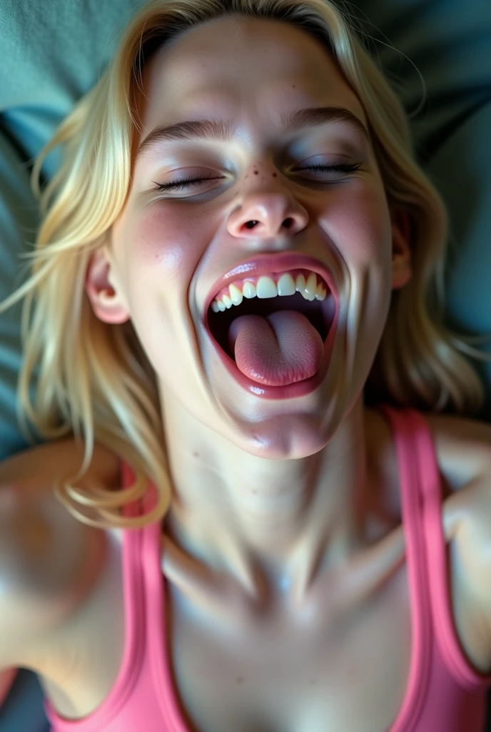 female white teen, mouth very wide open and smiling, eyes closed, tongue sticking out, long blonde hair, wearing pink lingerie, extreme skin detail, ultra realistic, 8k, wallpaper, kneeling on floor, viewed from above