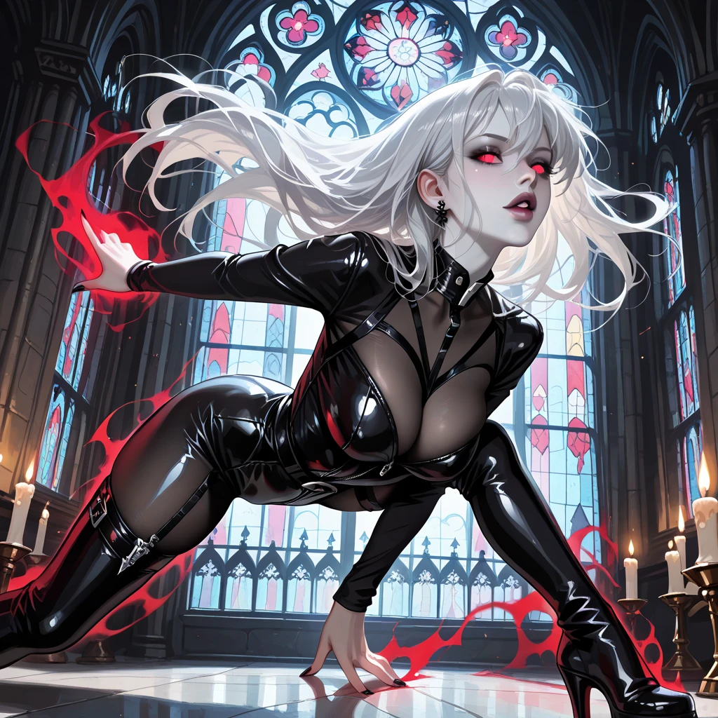 (The best quality,A high resolution,Ultra - detailed,actual),(demonic woman:1.1), blood, VISCERA, blood, war, death, hell,fiery atmosphere,ominous,scorching heat,red hot flames,devilish beauty,satanic presence,bright red eyes,gloomy shadows,dark abyss,burning souls,demonic figures,fiery wings,aura terrible,tormented spirits,tortured souls,molten lava,powerful energy,dark powers, hellscape,eternal damnation,twisted horns,demonic laughter,intense heatwave,sulfurous smoke,dark magic,enchanted fire,evil look,burning tendrils,intense heat,hell ardiente,threatening presence,supernatural screams,devilish smile,dancing flames,ominous glow,(beautiful blue eyes), (black big stones background:1.4) , (cowboy pose ), (Realistic) ,High quality 8K detailed art, Fanart Mejor ArtStation, Fantasy art style , (long white gray hair:1.4) ,(perfect anatomy )