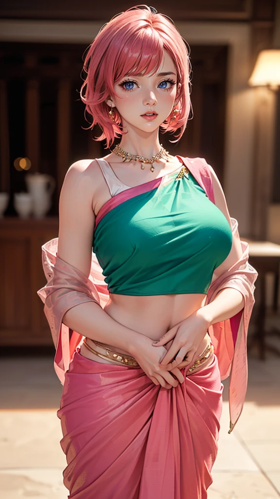 (8K, Highest quality, masterpiece:1,2), (Realistic, Photorealistic:1.37), Super detailed, One Girl,), (Very detailed), (Beautiful and detailed eyes), (Highest quality), (Very detailed ), (masterpiece), (Detailed face),20-year-old, ,1 Girl, ((Pink Hair,Very short hair)), Medium chest, Dressed, Perfect lighting, break (pink shiny bodysuit:1.4), (Gold embroidery on chest and waist:1.3), (Emerald green and gold lace panels:1.3), black tights, black high heel boots, silver choker necklace, Brake hits left side, Hide your right ear behind your hair, Right earring, Calm and sharp eyes, Slightly upturned mouth, Confident and defiant, Place your right hand on your hip, Cross your left hand in front of your chest, Put your right foot forward, Left foot back, Straight, Proudly, To the camera, Dark corridors and storerooms, Wires and pipes in the wall, A door or window behind the subject, Strong light on face and chest, Hiding in the Shadows, Light colors are white or blue, High contrast between light and shadow
